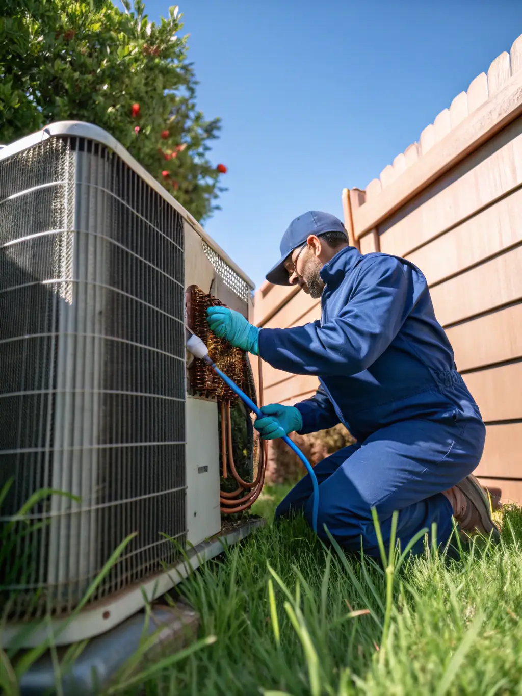 A Caribe Home Improvement LLC technician is cleaning the coils of an air conditioning unit during a maintenance service, highlighting preventative care.