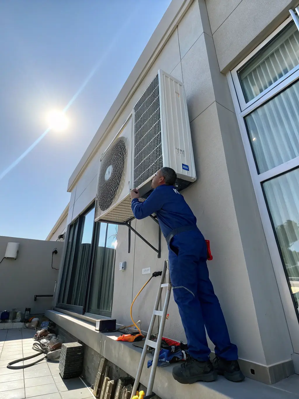 A brand new, energy-efficient air conditioning unit being installed by Caribe Home Improvement LLC technicians in a residential home.